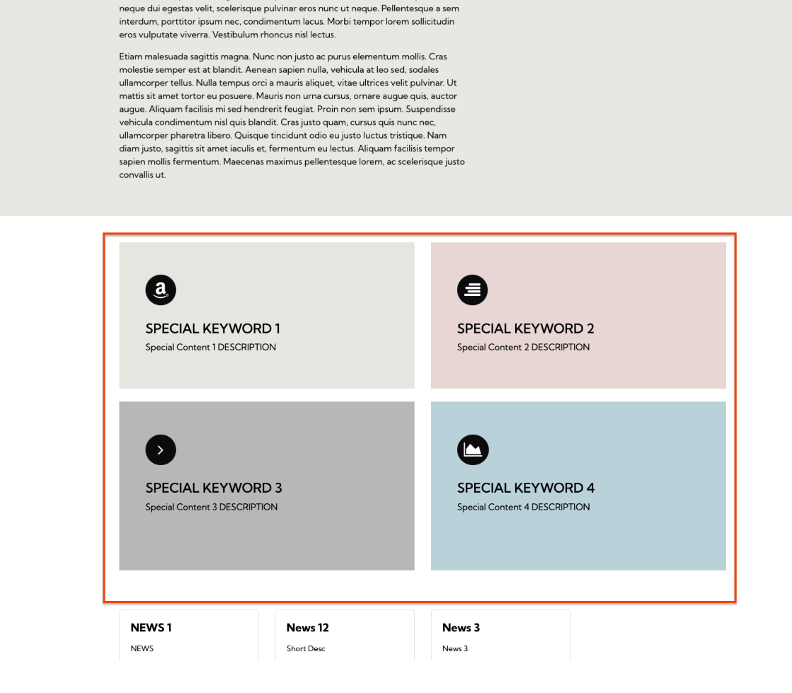 Generated page preview showing four special content blocks highlighted in orange box — SPECIAL KEYWORD 1 through 4 each with an icon, keyword heading and description in different coloured backgrounds, with news widget cards below