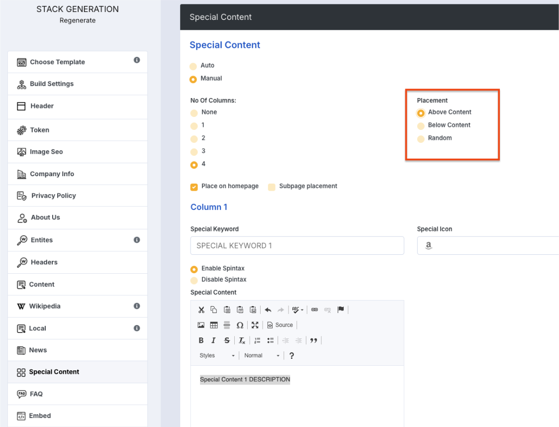 Special Content tab showing Column 1 full field set with Special Keyword SPECIAL KEYWORD 1, Special Icon dropdown, Enable Spintax selected, Special Content rich text editor with SPECIAL CONTENT 1 DESCRIPTION placeholder, and Column 2 field set below with Special Keyword SPECIAL KEYWORD 2 and list icon