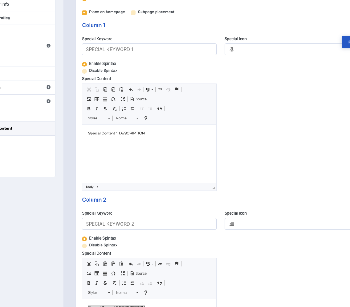 Special Content tab continuing to show Column 1 and Column 2 complete field sets side by side with Special Keyword, Special Icon, Enable Disable Spintax radio buttons and Special Content rich text editors for both columns